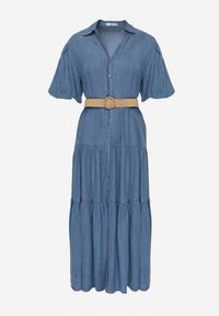 Renee - Jasnoniebieska Koszulowa Sukienka z Wiskozą Paskiem z Plecionki i Bufkami Nedara. Okazja: na co dzień. Kolor: niebieski. Materiał: wiskoza. Typ sukienki: koszulowe. Styl: casual #5