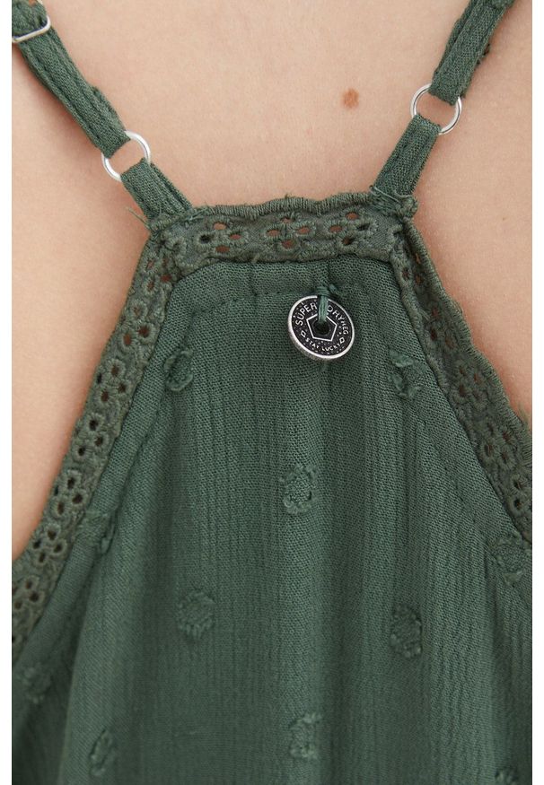 Superdry sukienka kolor zielony mini rozkloszowana. Kolor: zielony. Długość rękawa: na ramiączkach. Typ sukienki: rozkloszowane. Długość: mini