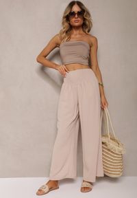 Renee - Beżowe Spodnie Kuloty High Waist z Gumką w Talii Lipadre. Stan: podwyższony. Kolor: beżowy. Długość: krótkie