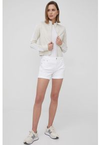 Calvin Klein Jeans szorty damskie kolor biały gładkie high waist. Okazja: na co dzień. Stan: podwyższony. Kolor: biały. Materiał: tkanina. Wzór: gładki. Styl: casual
