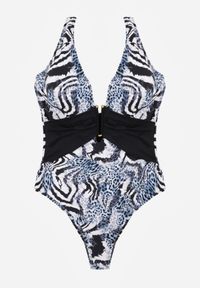 Born2be - Czarno-Niebieski Jednoczęściowy Strój Kąpielowy z Marszczeniem w Talii Pasiniassi. Kolor: czarny. Wzór: aplikacja #2
