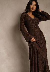 Renee - Brązowa Rozkloszowana Sukienka Longsleeve w Zebrę Zdobiona Brokatem Mevilisa. Kolor: brązowy. Długość rękawa: długi rękaw. Wzór: motyw zwierzęcy, aplikacja. Styl: klasyczny #4