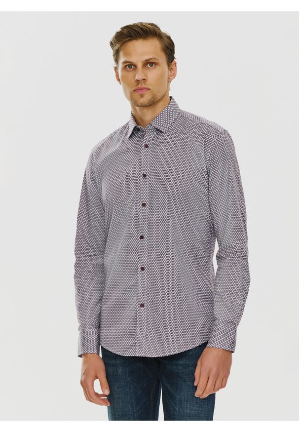 PAKO LORENTE – Bordowa wzorzysta koszula męska P24SF-1X-024-D-S - Pako Lorente. Okazja: na co dzień. Kolor: czerwony. Materiał: elastan, jeans. Styl: casual
