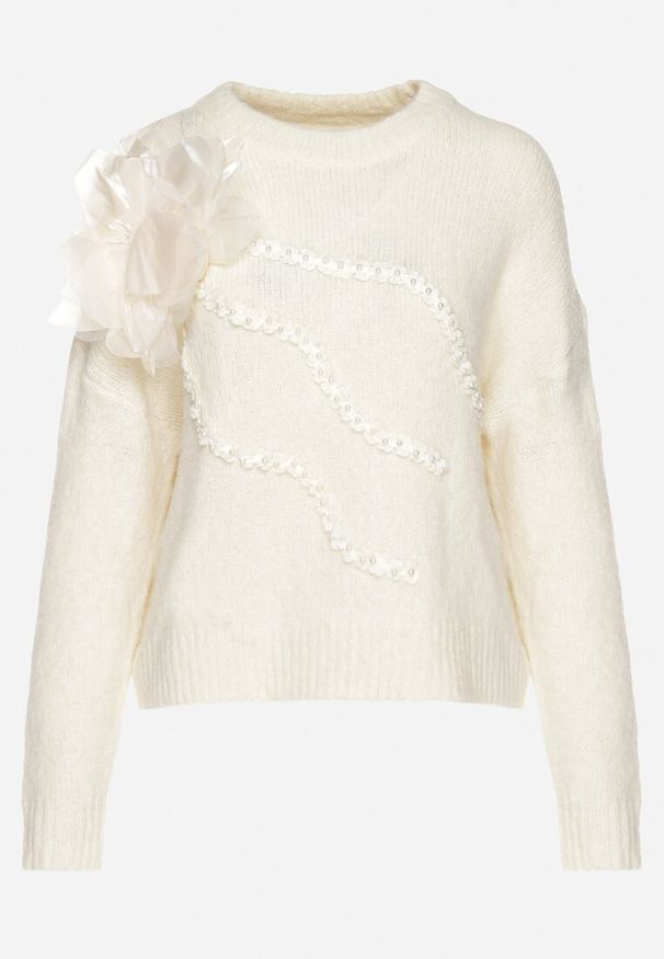 Born2be - Jasnobeżowy Sweter z Wełną i Kwiecistą Aplikacją z Perłami Lentinnia. Okazja: do pracy. Kolor: beżowy. Materiał: wełna. Długość rękawa: długi rękaw. Długość: długie. Wzór: aplikacja. Styl: klasyczny, elegancki