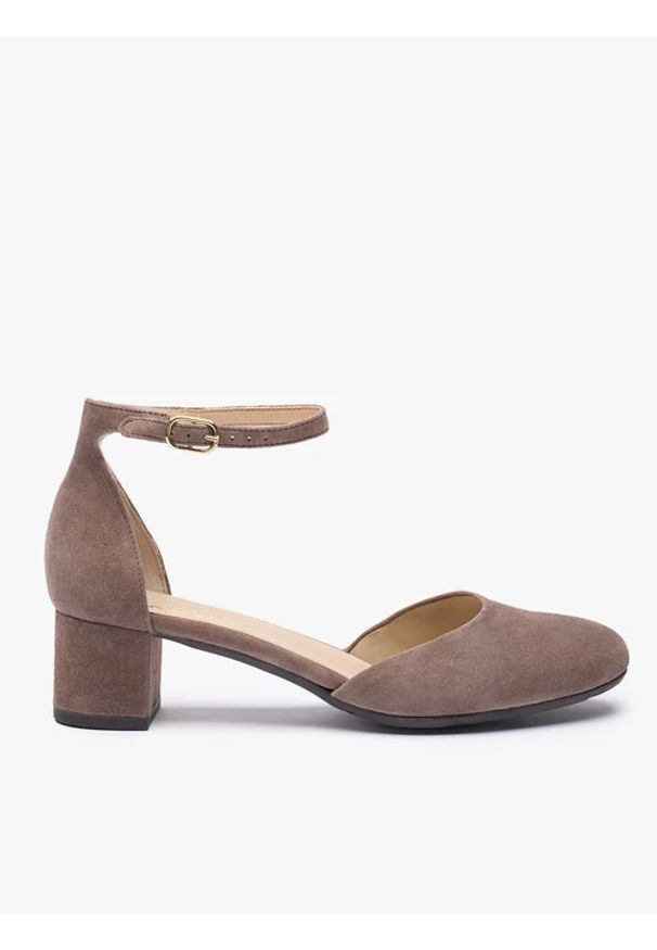 Ryłko - Szarobrązowe czółenka ze skóry welurowej. Okazja: na co dzień. Nosek buta: okrągły. Zapięcie: sprzączka. Kolor: szary. Materiał: skóra, welur. Obcas: na obcasie. Styl: klasyczny, casual, elegancki, street. Wysokość obcasa: średni