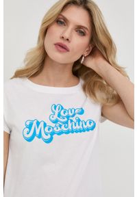 Love Moschino t-shirt bawełniany kolor biały. Kolor: biały. Materiał: bawełna. Wzór: nadruk