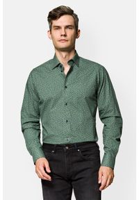 Lancerto - Koszula Zielona Bawełniana w Pepitę i Wzór Roślinny Slim Aloha. Kolor: zielony. Materiał: bawełna