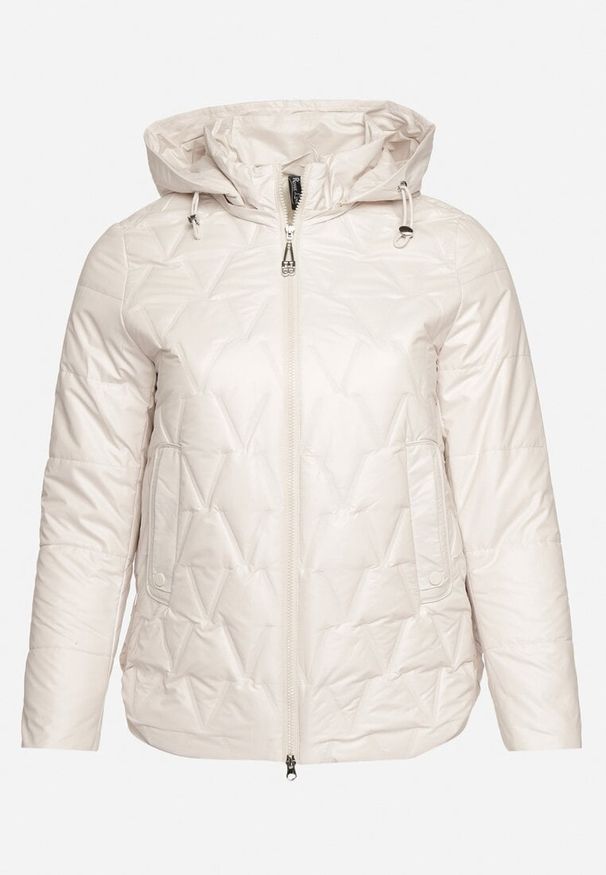 Born2be - Beżowa Pikowana Pudełkowa Kurtka z Kapturem Zapinana na Suwak i Napy Nevianna. Okazja: na co dzień. Typ kołnierza: kaptur. Kolor: beżowy. Materiał: jeans, skóra. Długość rękawa: długi rękaw. Długość: długie. Styl: casual, elegancki