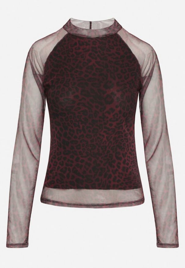 Born2be - Bordowo-Czarna Siateczkowa Bluzka z Elastyczną Podszewką Semiralla. Okazja: na co dzień. Kolor: czerwony. Materiał: jeans. Długość rękawa: długi rękaw. Długość: długie. Wzór: aplikacja. Styl: elegancki, casual