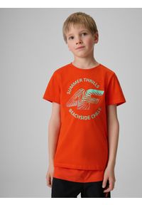 4f - 4F T-shirt loose z nadrukiem chłopięcy - czerwony 152 (11-12 lat). Okazja: na co dzień, na uczelnię. Kolor: czerwony. Materiał: skóra, dresówka, dzianina, materiał, bawełna. Wzór: nadruk. Sezon: lato. Styl: casual #1