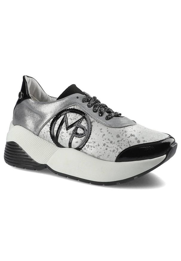 Massimo POLI - Srebrne Sneakersy Massimo Poli Damskie Modne Buty. Kolor: czarny. Materiał: zamsz, materiał, skóra, lakier. Szerokość cholewki: normalna. Obcas: na platformie. Styl: elegancki