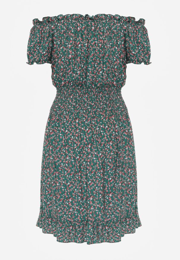 Renee - Zielona Bawełniana Sukienka z Gumką w Talii o Fasonie Hiszpanki Jazmi. Okazja: na co dzień, na spacer. Typ kołnierza: dekolt hiszpanka. Kolor: zielony. Materiał: bawełna. Wzór: aplikacja. Typ sukienki: sportowe, proste. Styl: sportowy, casual, elegancki