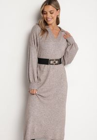 Born2be - Beżowa Pudełkowa Sukienka Sweterkowa z Wiskozą Szerokimi Rękawami i Kołnierzykiem Rinfera. Kolor: beżowy. Materiał: wiskoza. Typ sukienki: proste. Styl: wizytowy, elegancki #5