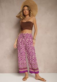 Renee - Fioletowe Szerokie Spodnie Culottes z Bawełny w Ornamentalny Print Lisanella. Okazja: na co dzień, na spacer. Kolor: fioletowy. Materiał: bawełna. Wzór: nadruk. Styl: casual, elegancki