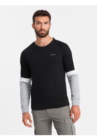 Ombre Clothing - Trójkolorowa bluza męska dresowa z raglanowymi rękawami – czarna V3 - Rozmiar: XL. Okazja: na co dzień. Kolor: czarny. Materiał: dresówka. Długość rękawa: raglanowy rękaw. Wzór: nadruk. Styl: sportowy, casual #4