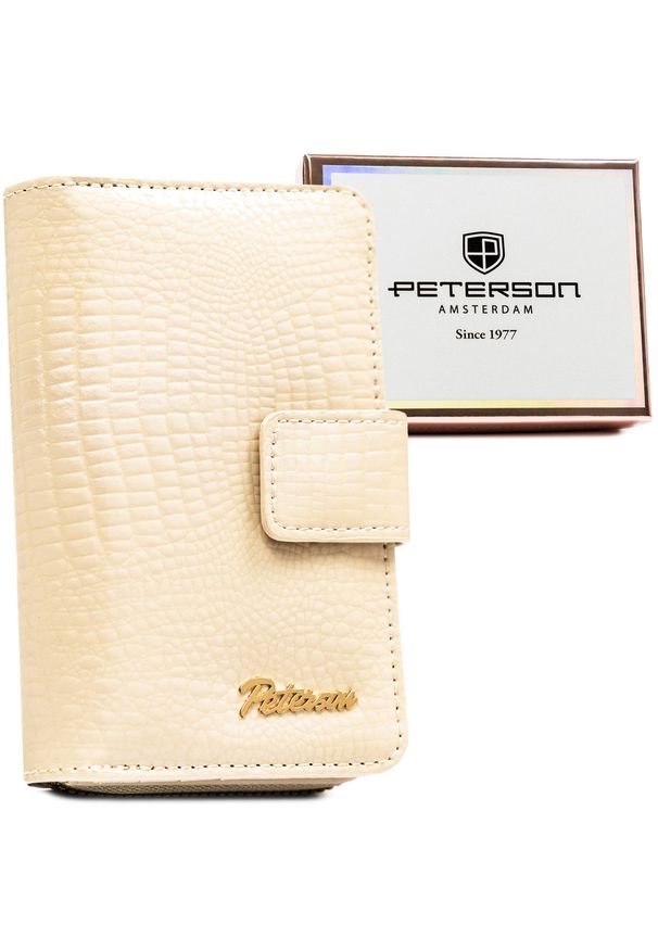 Beżowy portfel damski ze skóry ekologicznej z tłoczeniem na wzór skóry krokodyla - Peterson. Kolor: beżowy. Materiał: skóra ekologiczna