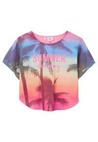 Shirt dziewczęcy plażowy bonprix jaskrawy jasnoróżowy. Okazja: na plażę. Kolor: różowy. Wzór: napisy, kolorowy, nadruk, aplikacja. Sezon: lato