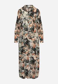 Born2be - Czarno-Beżowa Koszulowa Kwiatowa Sukienka z Wiskozy Ozdobiona Guzikami Enanoris. Okazja: na co dzień. Kolor: czarny. Materiał: wiskoza. Długość rękawa: długi rękaw. Wzór: aplikacja, kwiaty. Typ sukienki: koszulowe. Styl: casual, elegancki #2