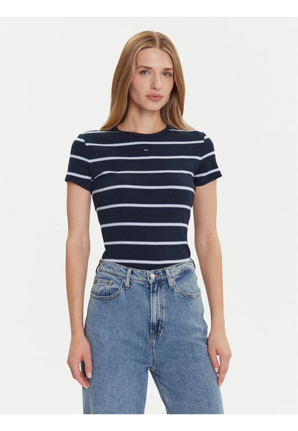 Tommy Jeans T-Shirt Essential DW0DW17383 Granatowy Slim Fit. Kolor: niebieski. Materiał: bawełna