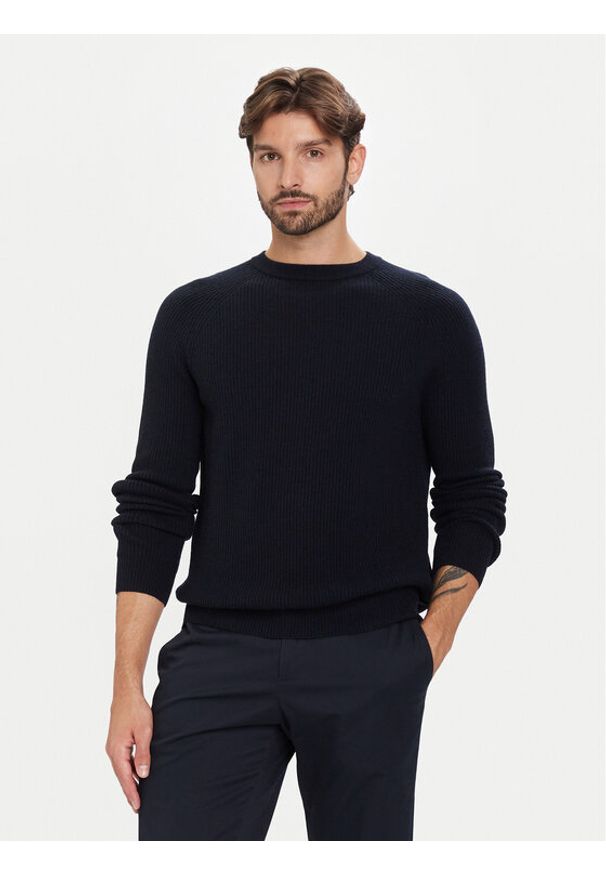 Bugatti Sweter 7400 65563B Granatowy Regular Fit. Kolor: niebieski. Materiał: wełna