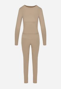 Born2be - Beżowy Komplet Sportowy Legginsy i Bluzka z Długim Rękawem Toretta. Kolor: beżowy. Wzór: aplikacja #3