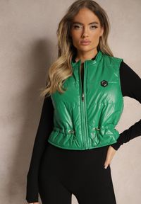 Renee - Zielona Kamizelka o Krótkim Kroju ze Ściągaczem w Talii i Naszywką Mevannae. Okazja: na spotkanie biznesowe. Kolor: zielony. Materiał: jeans. Długość: krótkie. Wzór: aplikacja. Styl: biznesowy, elegancki #3