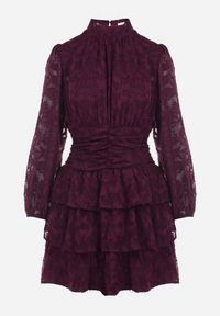 Born2be - Fioletowa Taliowana Sukienka Mini Koronkowa z Falbankami Ciluna. Okazja: na co dzień. Typ kołnierza: kołnierz z falbankami. Kolor: fioletowy. Materiał: koronka. Wzór: aplikacja. Styl: klasyczny, casual, elegancki. Długość: mini #7