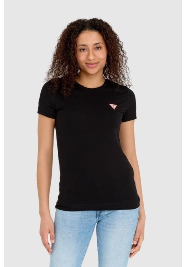 Guess - GUESS Czarny damski t-shirt bawełniany Mini Triangle Tee, Rozmiar XL. Kolor: czarny. Materiał: bawełna