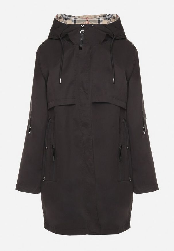 Born2be - Czarna Kurtka Parka z Podpinanymi Rękawami i Kapturem ze Wstawkami w Kratę Kaithna. Kolor: czarny. Materiał: jeans. Wzór: kratka. Styl: elegancki, klasyczny