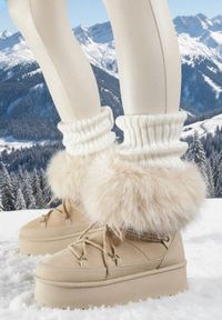 Born2be - Beżowe Śniegowce na Grubej Podeszwie z Futerkiem Tesila. Okazja: na co dzień. Kolor: beżowy. Materiał: futro. Styl: casual #1