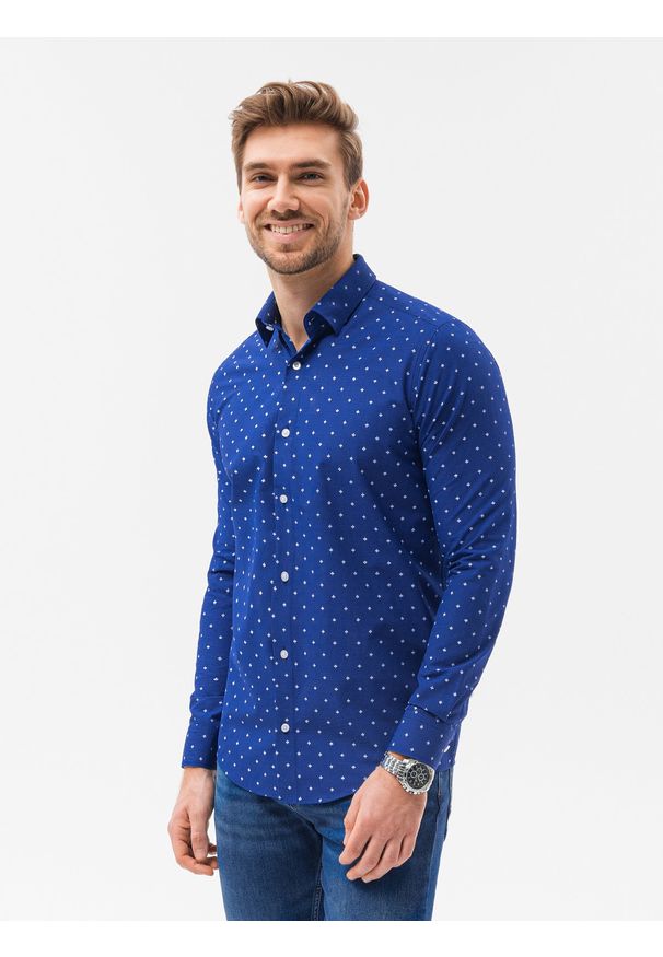Ombre Clothing - Koszula męska elegancka z długim rękawem K463 - jasnogranatowa - XXL. Kolor: niebieski. Materiał: bawełna, poliester. Długość rękawa: długi rękaw. Długość: długie. Styl: elegancki