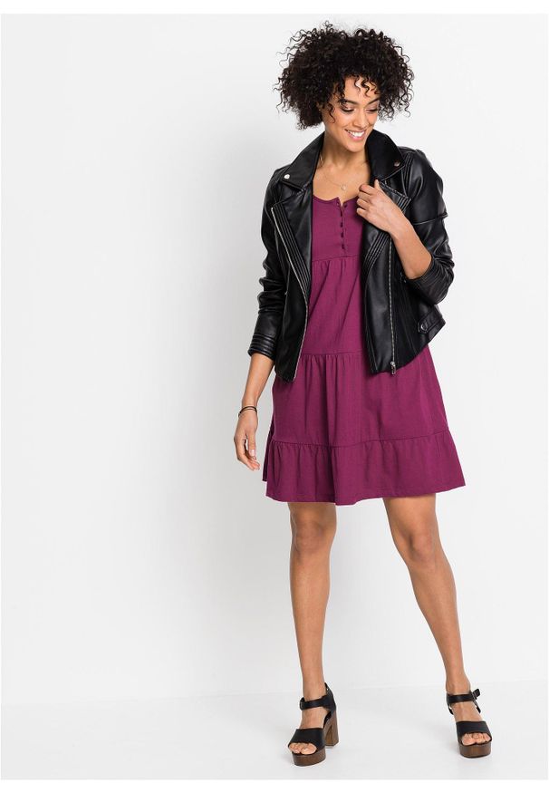 bonprix - Krótka sukienka z dżerseju z bawełny. Kolor: fioletowy. Materiał: jersey, bawełna. Sezon: lato. Długość: mini