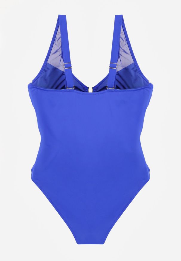 Born2be - Niebieski Strój Kąpielowy Jednoczęściowy z Metaliczną Ozdobą i Marszczeniem Chelviane. Kolekcja: plus size. Kolor: niebieski. Wzór: aplikacja
