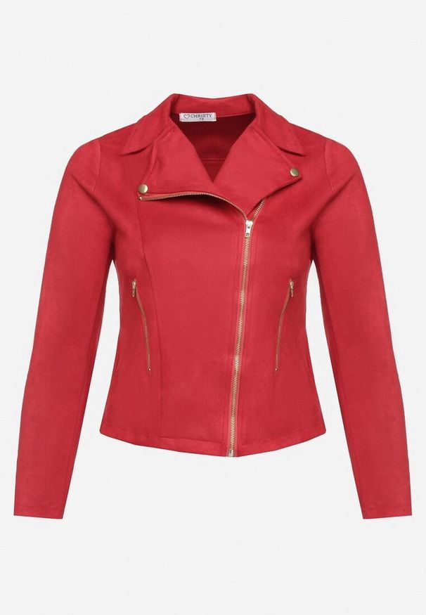 Born2be - Bordowa Kurtka Ramoneska z Imitacji Zamszu z Asymetrycznym Suwakiem Maisen. Kolekcja: plus size. Kolor: czerwony. Materiał: zamsz