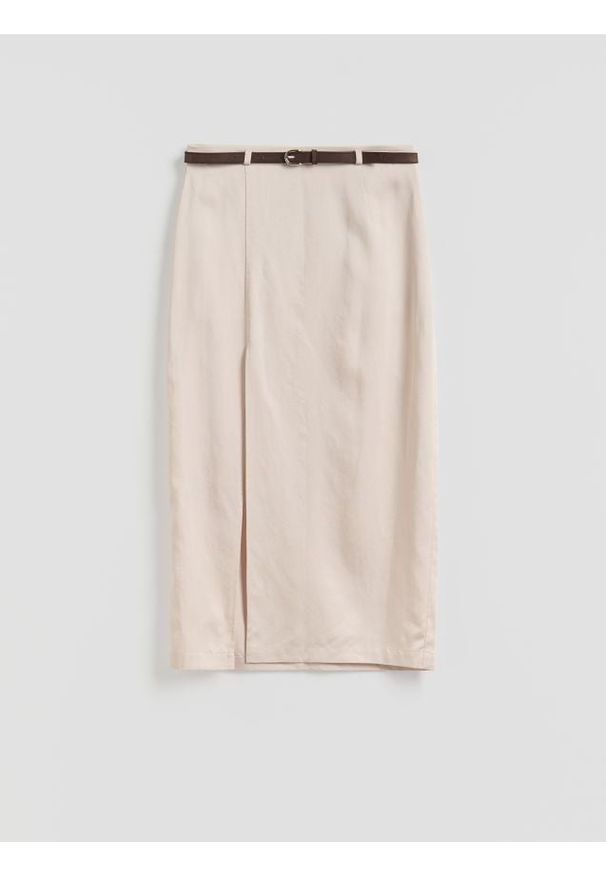 Reserved - Spódnica z lyocellem - beżowy. Kolor: beżowy. Materiał: tkanina, len