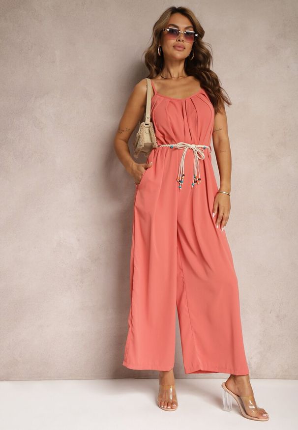 Renee - Pomarańczowy Kombinezon z Regulowanymi Ramiączkami Wiązany w Talii bez Ramiączek Juletta. Kolor: pomarańczowy. Długość rękawa: bez ramiączek