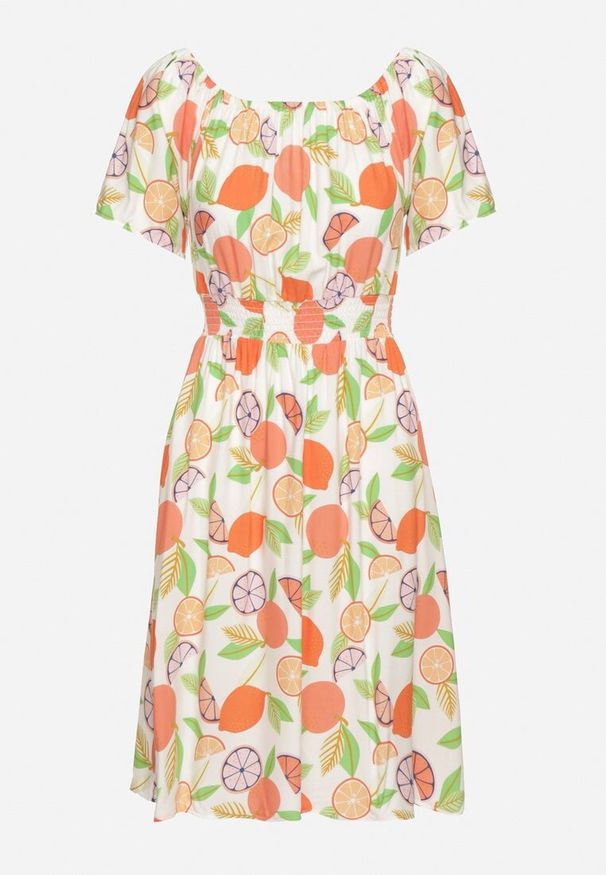 Born2be - Pomarańczowa Sukienka Hiszpanka z Bawełną i Motywem Cytrusów Avfila. Okazja: na co dzień. Typ kołnierza: dekolt hiszpanka. Kolor: pomarańczowy. Materiał: bawełna. Sezon: lato. Styl: casual, elegancki