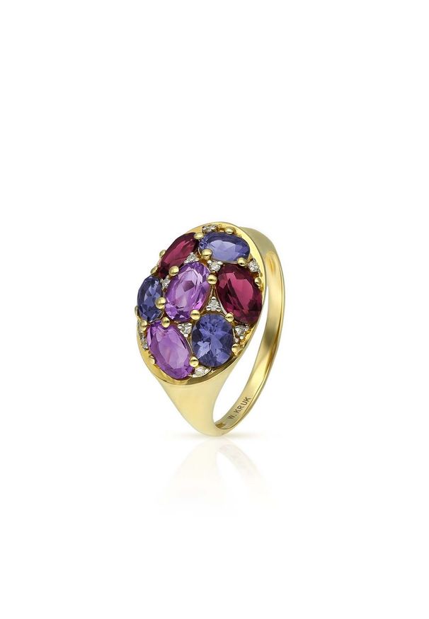 W.KRUK Zjawiskowy Złoty Pierścionek - złoto 585, Ametyst,diament 0,06ct.... Materiał: złote. Kolor: złoty. Wzór: aplikacja. Kamień szlachetny: ametyst, diament