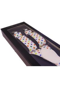 Modini - Białe szelki w kolorowe kropki unisex X22. Kolor: biały. Materiał: skóra, guma. Wzór: kolorowy, kropki #1
