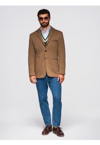 Ombre Clothing - Dzianinowa męska marynarka o dopasowany kroju - jasnobrązowa V4 - Rozmiar: XL. Okazja: na spotkanie biznesowe, do pracy, na co dzień. Kolor: brązowy. Materiał: dzianina. Styl: klasyczny, biznesowy, casual, elegancki #5