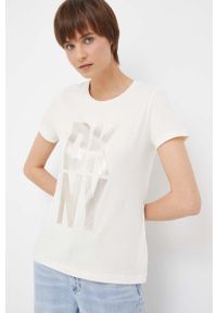 DKNY - Dkny t-shirt damski kolor beżowy. Kolor: beżowy. Materiał: dzianina. Styl: klasyczny