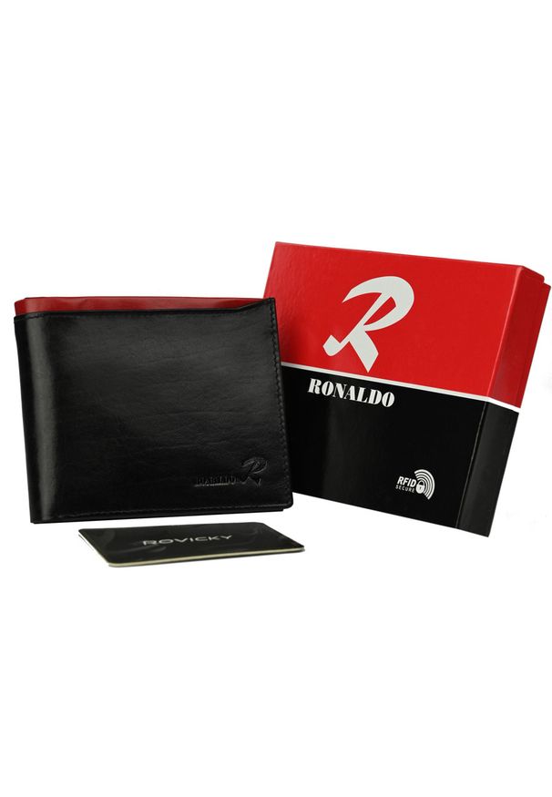 Portfel męski czarny z czerwoną wstawką Ronaldo N992-VT BLACK-RED. Kolor: czerwony, czarny, wielokolorowy. Materiał: skóra. Wzór: gładki