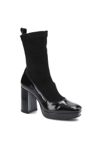 Czarne Botki Damskie Simen Modne Eleganckie Buty. Kolor: czarny. Materiał: lakier. Szerokość cholewki: normalna. Obcas: na obcasie. Styl: elegancki. Wysokość obcasa: średni