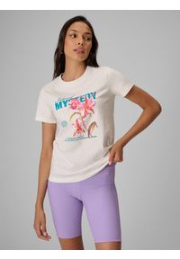 4f - 4F T-shirt regular z nadrukiem damski - biały L. Okazja: na co dzień, na plażę. Kolor: biały. Materiał: tkanina, materiał, bawełna. Wzór: nadruk. Sezon: lato. Styl: wakacyjny, casual, klasyczny #1