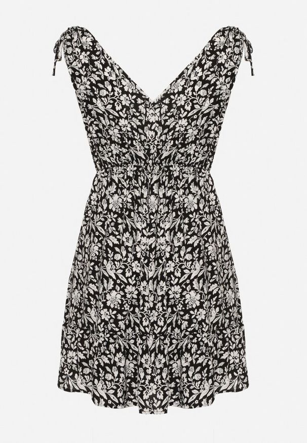 Born2be - Czarno-Biała Bawełniana Sukienka na Ramiączkach ze Ściągaczami i Guzikami z Gumką w Talii Tesria. Okazja: na spacer. Typ kołnierza: dekolt w kształcie V. Kolor: czarny. Materiał: bawełna. Długość rękawa: na ramiączkach. Sezon: lato. Styl: elegancki