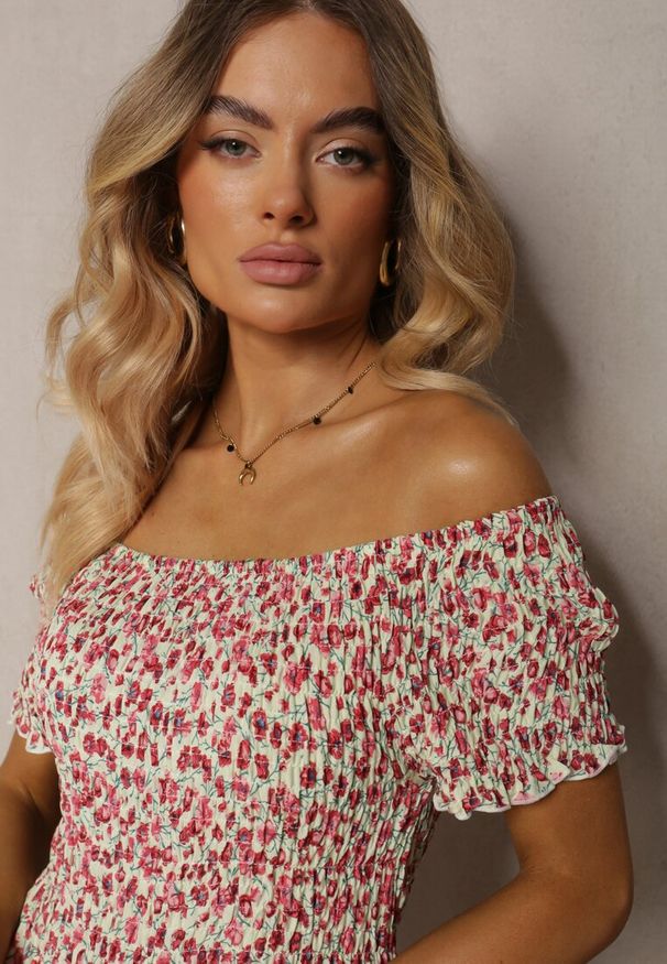 Renee - Różowo-Zielona Sukienka z Wiskozy Tariya. Typ kołnierza: dekolt hiszpanka. Kolor: różowy. Materiał: wiskoza. Wzór: gładki, aplikacja, kwiaty, nadruk. Styl: boho. Długość: maxi