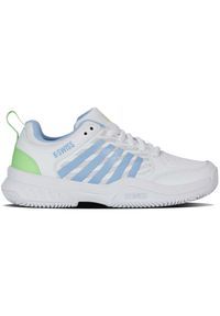 Buty do tenisa damskie K-Swiss Court Express 2. Kolor: zielony, biały, niebieski, wielokolorowy. Materiał: materiał, syntetyk. Szerokość cholewki: normalna. Sport: tenis