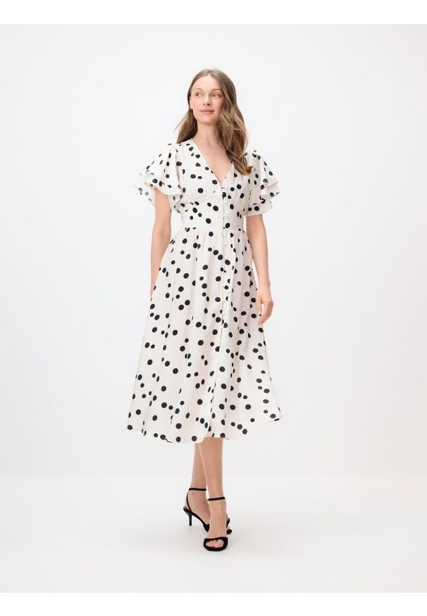 Reserved - Sukienka midi z modalem - złamana biel. Materiał: tkanina. Długość: midi