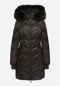 Born2be - Czarna Kurtka Pikowana z Kapturem z Futrem i Szerokimi Ściągaczami Innia. Okazja: na co dzień, na spacer. Typ kołnierza: kaptur. Kolor: czarny. Materiał: futro. Styl: casual, elegancki #7