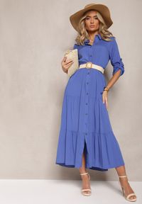 Renee - Niebieska Koszulowa Sukienka Maxi z Bawełny Junira. Okazja: na co dzień. Kolor: niebieski. Materiał: bawełna. Typ sukienki: koszulowe. Styl: casual. Długość: maxi #3